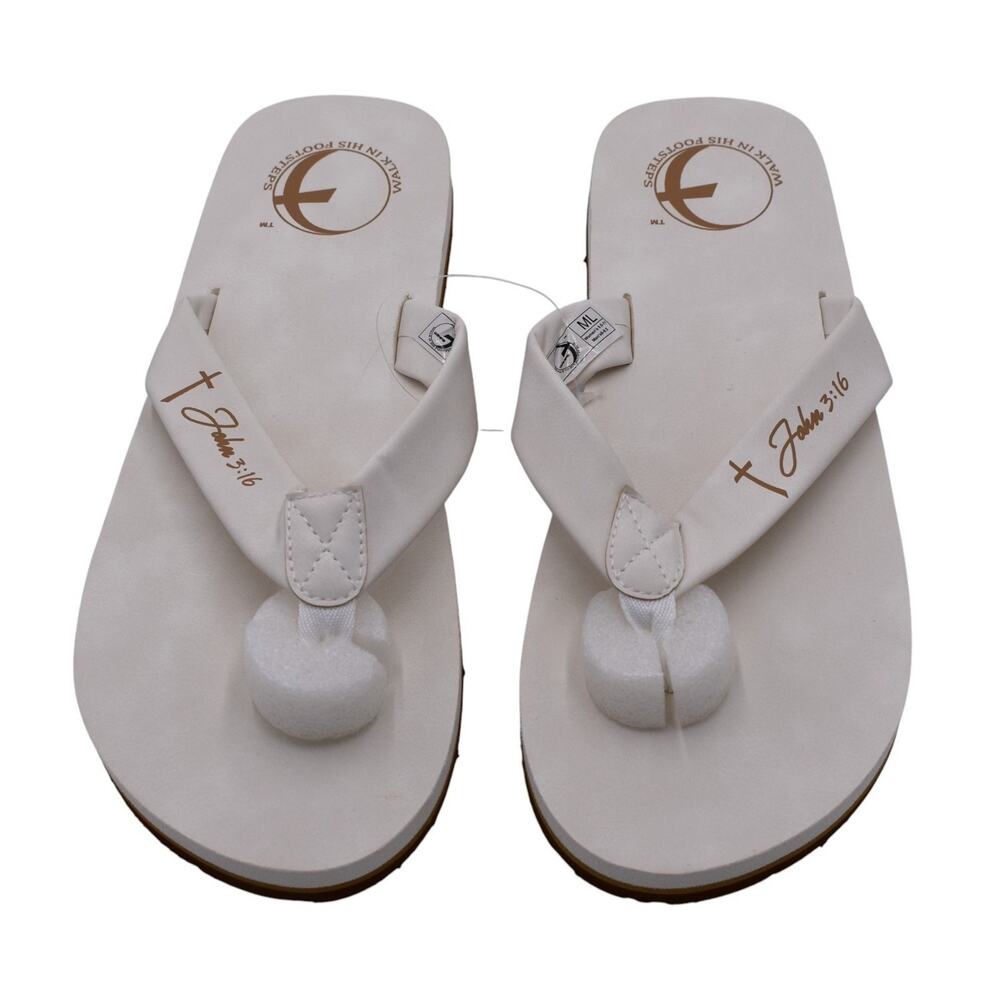WIHFS Walk In His Footsteps White Flip Flop Sandals Jesus Cross John 3:16 -- M/L